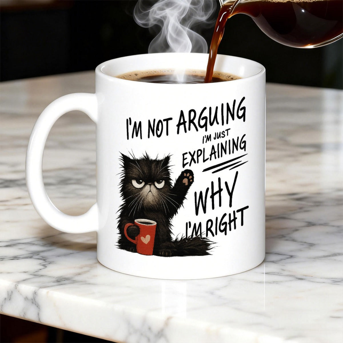Tailorly White Ceramic 11 oz Mug - Im Not Arguing Im Just Explaining Why Im Right Grumpy Black Fluffy Cat Holding Tiny Red Heart Coffee Mug Cat