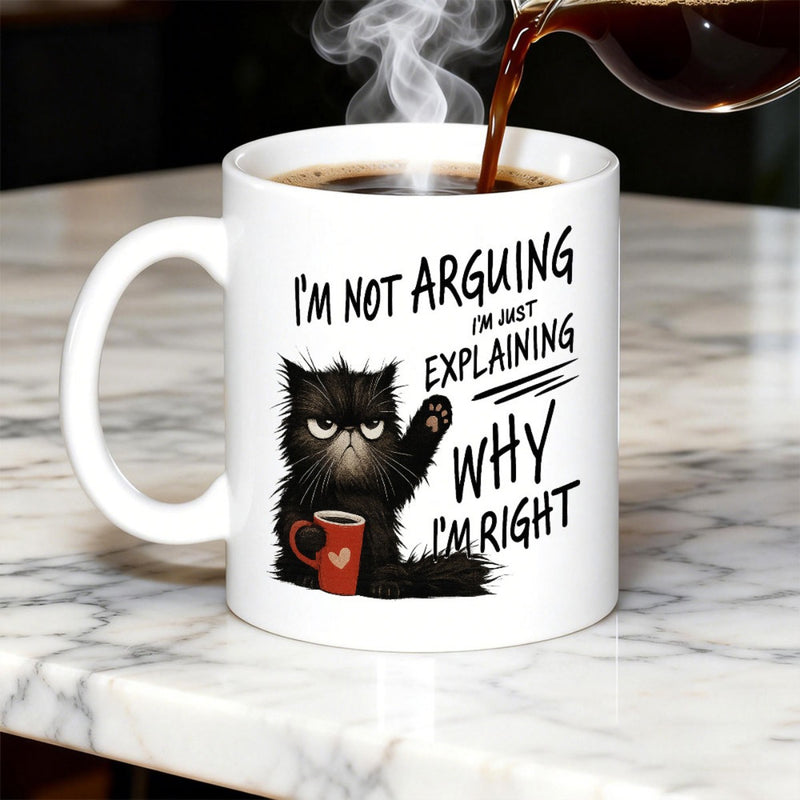 Tailorly White Ceramic 11 oz Mug - Im Not Arguing Im Just Explaining Why Im Right Grumpy Black Fluffy Cat Holding Tiny Red Heart Coffee Mug Cat