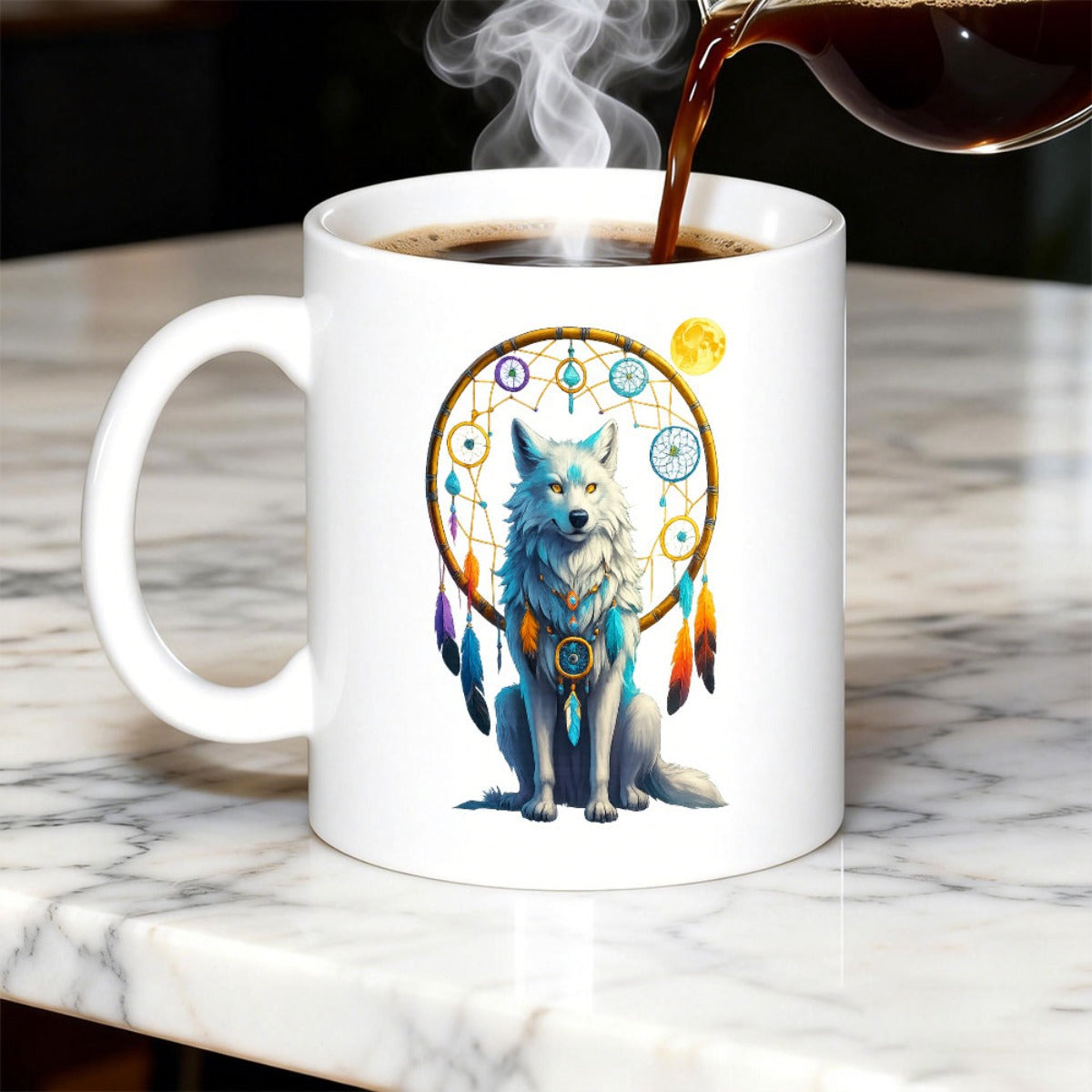Tailorly White Ceramic 11 oz Mug - Mystical Sitting Inside Intricate Dreamcatcher Surrounded By Vibrant Feathers Wolf