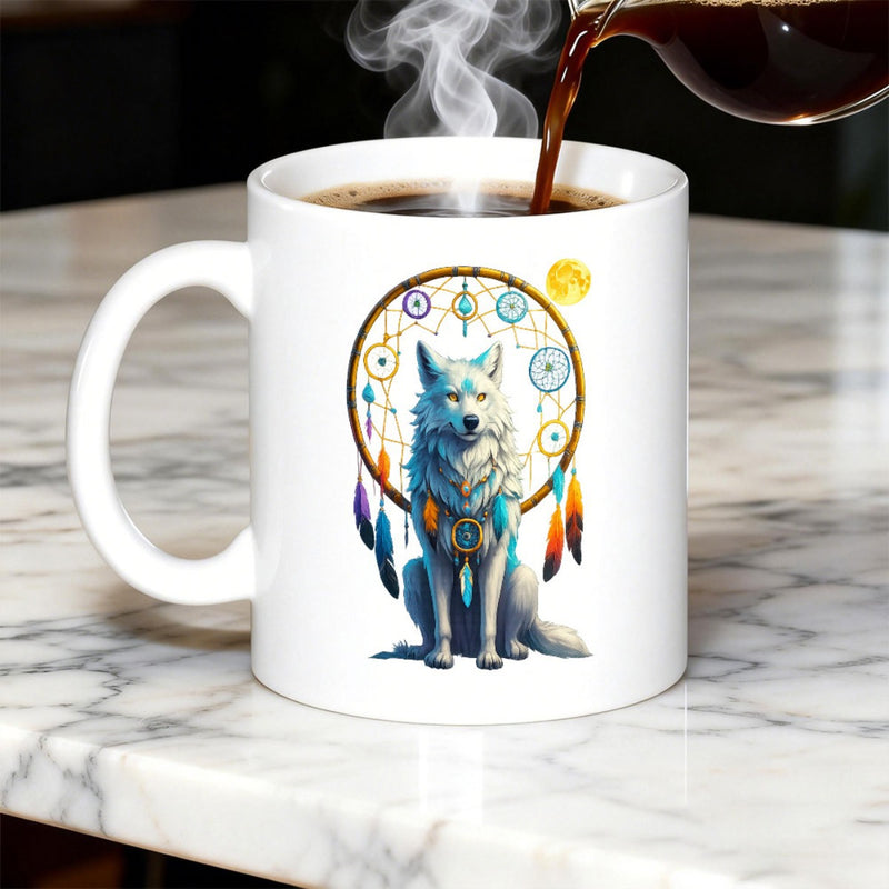 Tailorly White Ceramic 11 oz Mug - Mystical Sitting Inside Intricate Dreamcatcher Surrounded By Vibrant Feathers Wolf