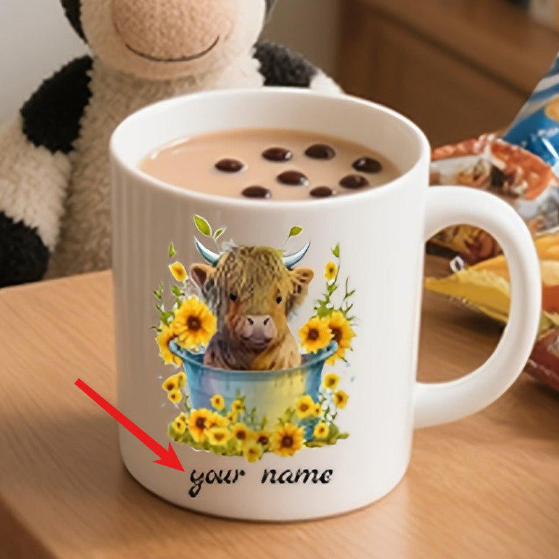 Tailorly White Ceramic 11 oz Mug - Your Name Charming Fluffy Highland Calf Resting In Blue Bucket Among Sunflowers Cow