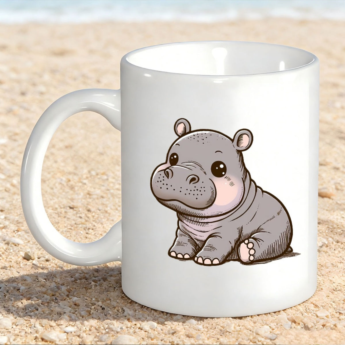 Tailorly White Ceramic 11 oz Mug - Adorable Chubby Grey Baby Animal Sitting Calmly In A Cute Pose Hippo