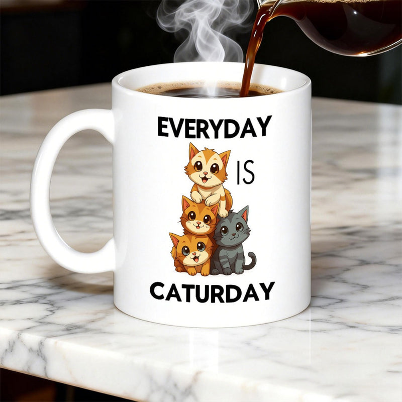Tailorly White Ceramic 11 oz Mug - Everyday Is Caturday Adorable Cartoon Kittens Stacked Together In A Playful Pile Cat