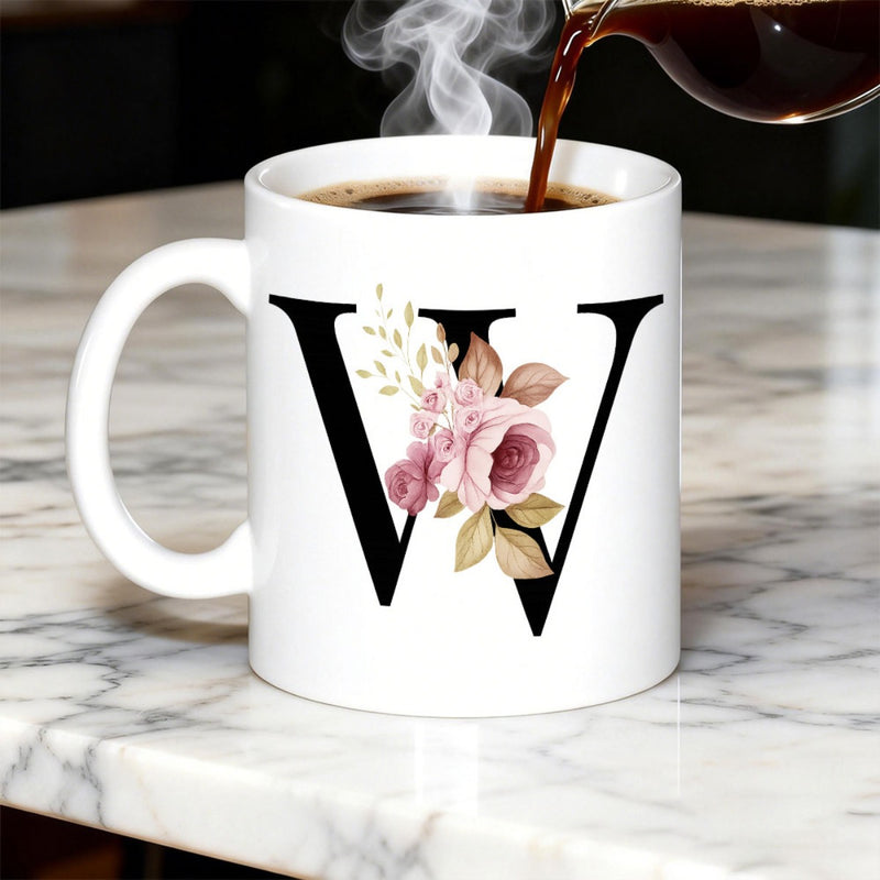 Tailorly White Ceramic 11 oz Mug - W Elegant Floral Arrangement With Delicate Pink Roses And Green Foliage Letter