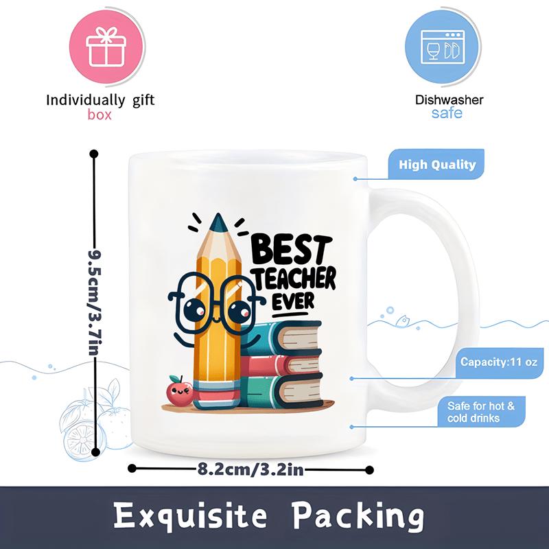 Tailorly White Ceramic 11 oz Mug - Best Teacher Ever Cute Cartoon Wearing Glasses Beside Stacked Colorful School Books Pencil