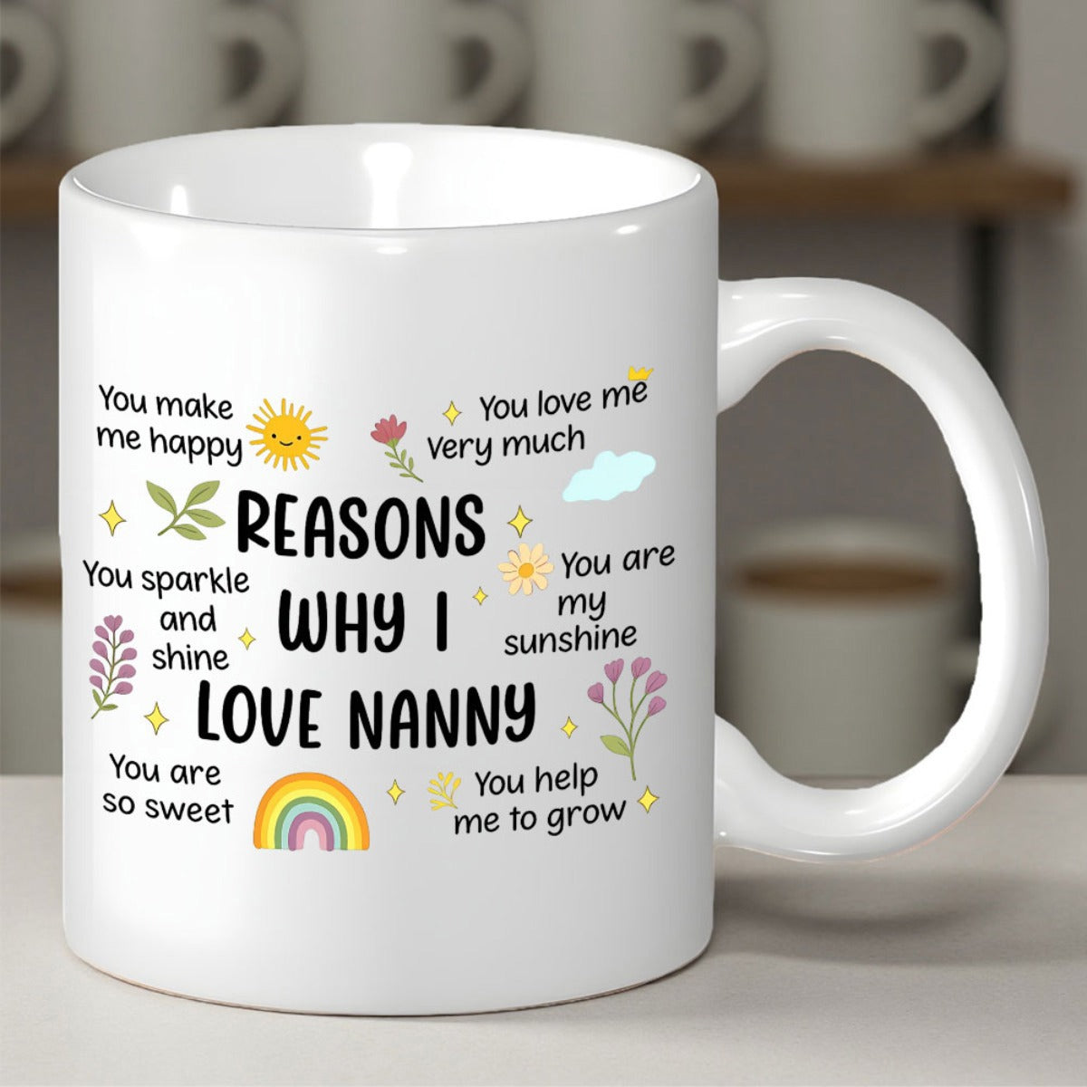 Tailorly White Ceramic 11 oz Mug - Reasons Why I Love Nanny Smiling Sun And Rainbow Among Dainty Blossoms With Shining Golden Stars Mug
