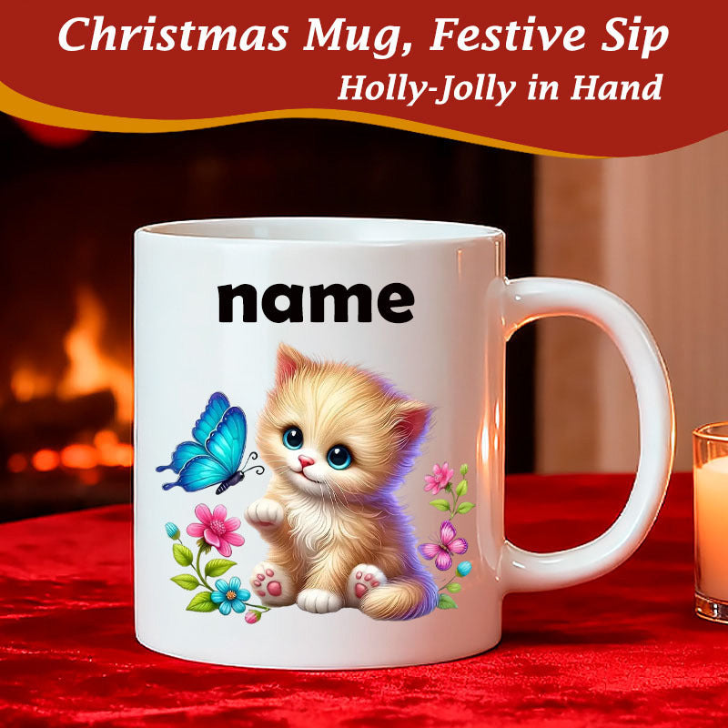Tailorly White Ceramic 11 oz Mug - Name Sweet Fluffy Little Creature Surrounded By Pretty Flowers And Flying Blue Butterfly Kitten