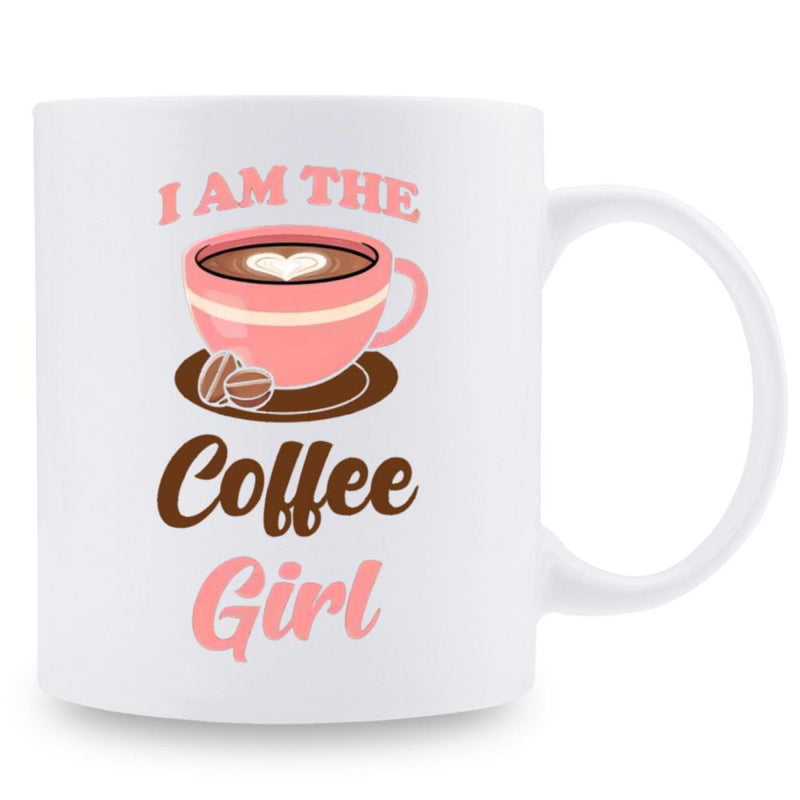 Tailorly White Ceramic 11 oz Mug - I Am The Coffee Girl Charming Pink Cup With Heart Latte Art And Coffee Beans Mug