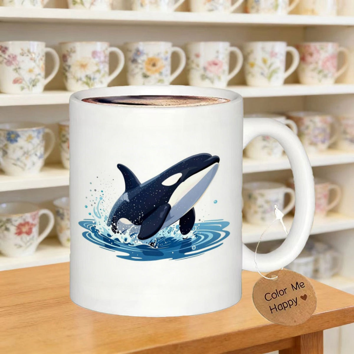 Tailorly White Ceramic 11 oz Mug - Majestic Orca Breaching Through Sparkling Blue Ocean Waves With Splashing Water Droplets Orca