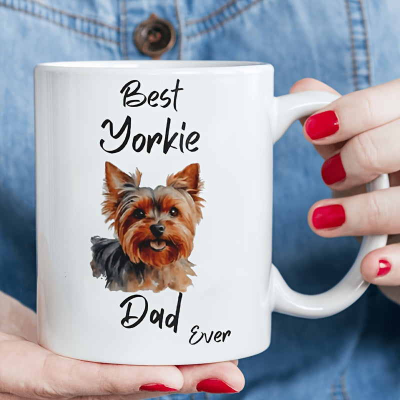 Tailorly White Ceramic 11 oz Mug - Best Yorkie Dad Ever Detailed Artistic Illustration Of A Small Brown Long Haired Yorkshire Terrier