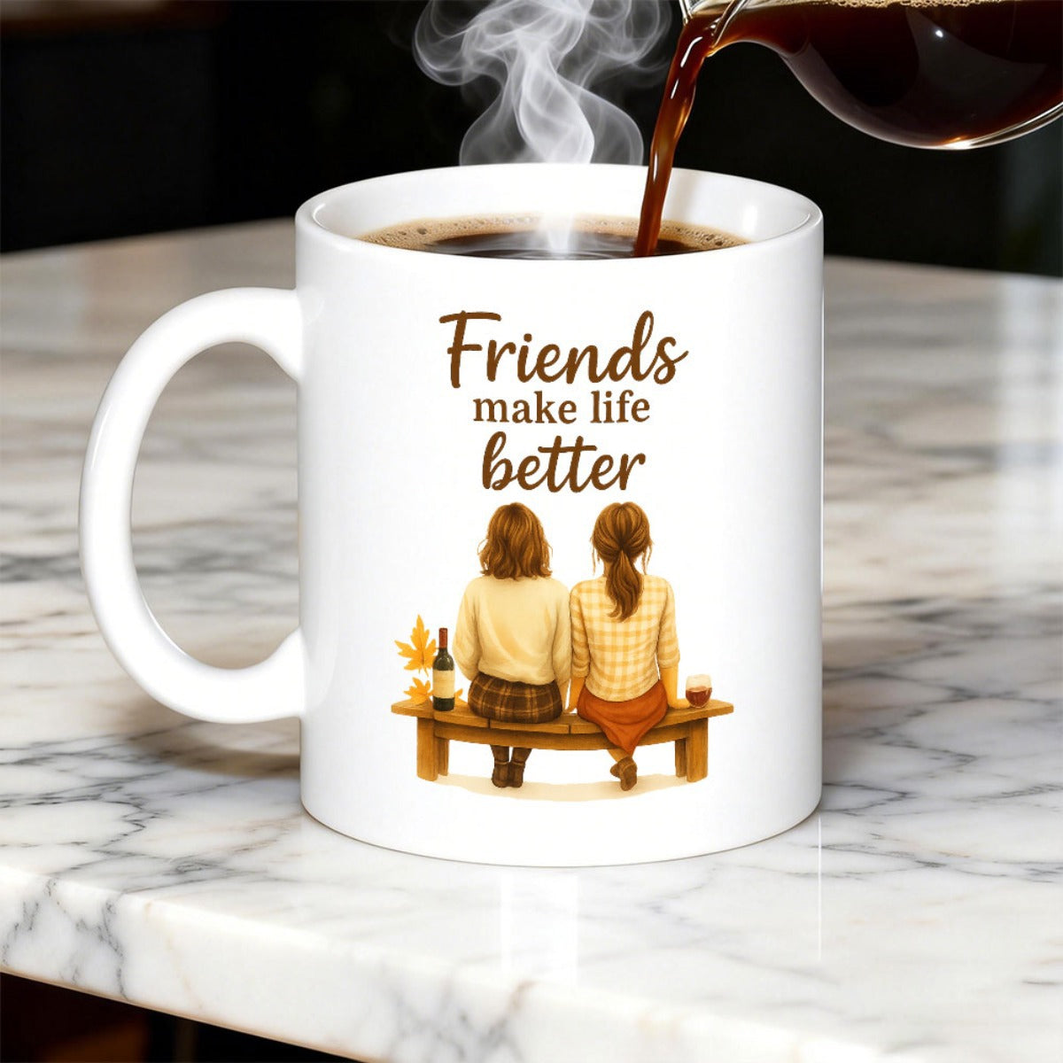 Tailorly White Ceramic 11 oz Mug - Friends Make Life Better Two Girls Sitting On A Wooden Bench Under Warm Autumn Atmosphere Girls