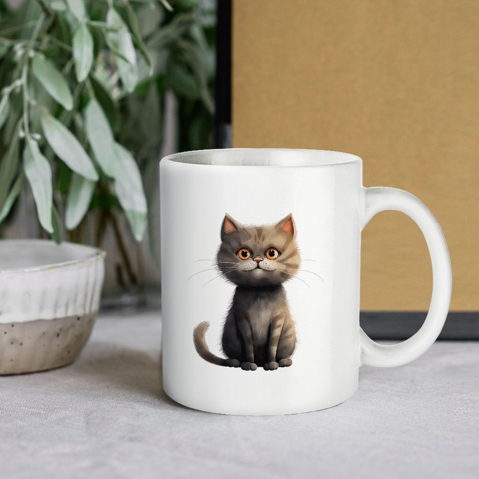 Tailorly White Ceramic 11 oz Mug - Cute Wide Eyed Sitting Grey Fluffy Whimsical Small Domestic Pet Cat