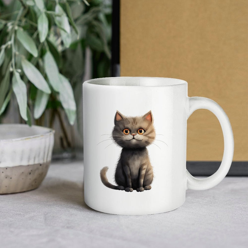 Tailorly White Ceramic 11 oz Mug - Cute Wide Eyed Sitting Grey Fluffy Whimsical Small Domestic Pet Cat