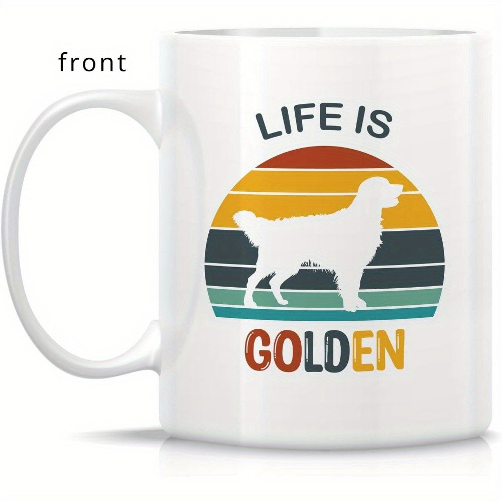 Tailorly White Ceramic 11 oz Mug - Life Is Golden Vintage Retro Striped Sunset With A Standing Golden Retriever Silhouette Dog