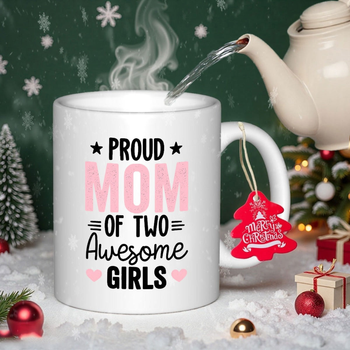 Tailorly White Ceramic 11 oz Mug - Proud Mom Of Two Awesome Girls Festive Christmas Decor Featuring Pink Hearts And Decorative Stars Mug