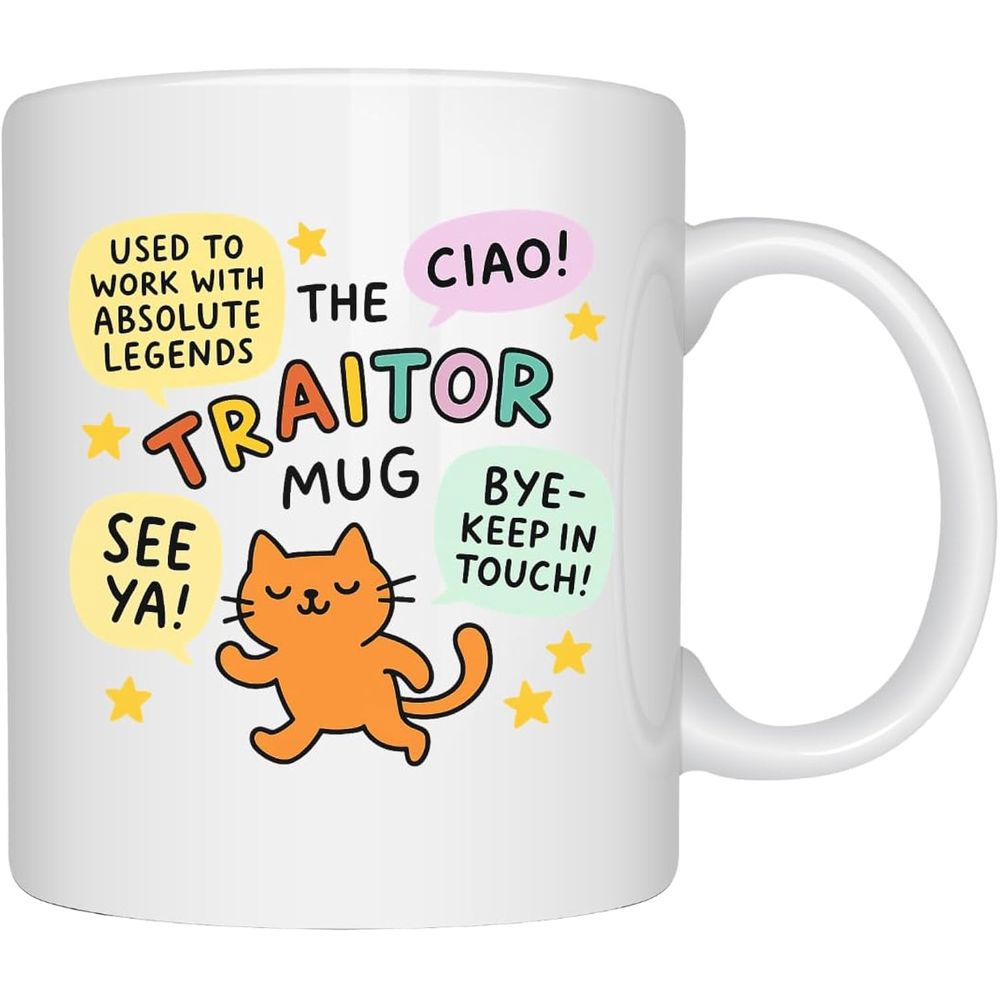 Tailorly White Ceramic 11 oz Mug - Used To Work With Absolute Legends The Traitor Mug Ciao See Ya Bye Keep In Touch Cheerful Orange Walking Kitten Surrounded By