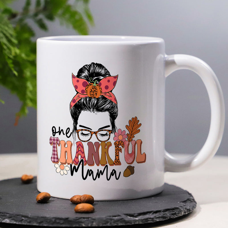 Tailorly White Ceramic 11 oz Mug - One Thankful Mama Autumn Style Messy Bun With Glasses And Falling Maple Leaves Mama