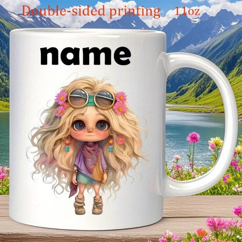 Tailorly White Ceramic 11 oz Mug - Name Adorable Boho Child Wearing Sunglasses And Pink Decorative Flowers Girl