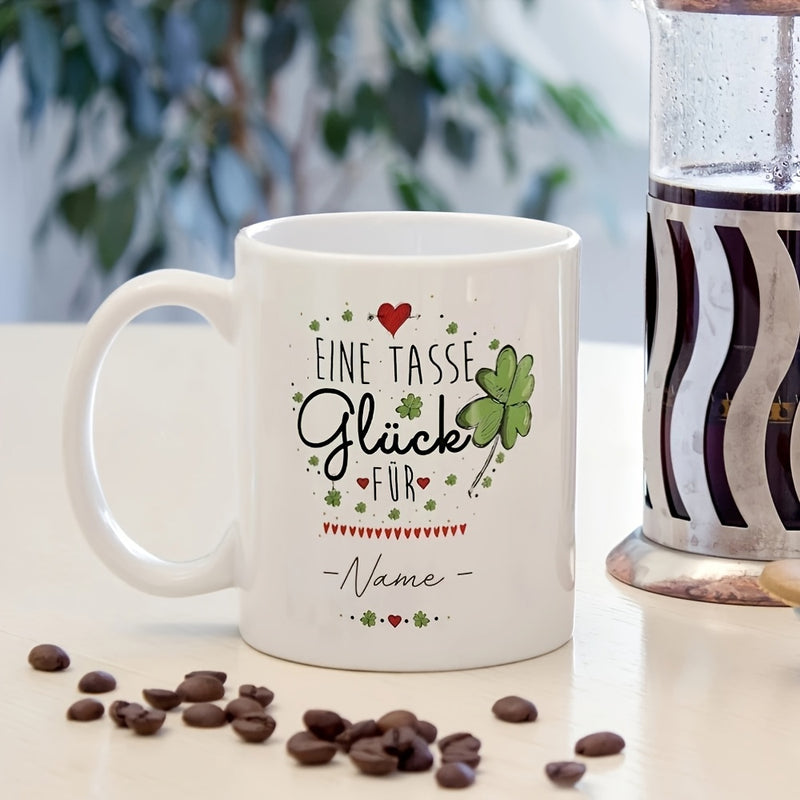 Tailorly White Ceramic 11 oz Mug - Green Four Leaf Clover With Small Red Heart And Decorative Elements Clover