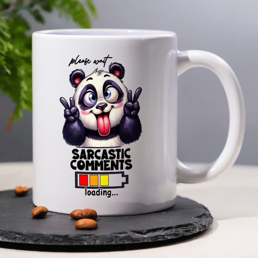 Tailorly White Ceramic 11 oz Mug - Please Wait Sarcastic Comments Loading Whimsical Cartoon Character Expressing Humor Beside Colorful Progress Battery Bar Panda