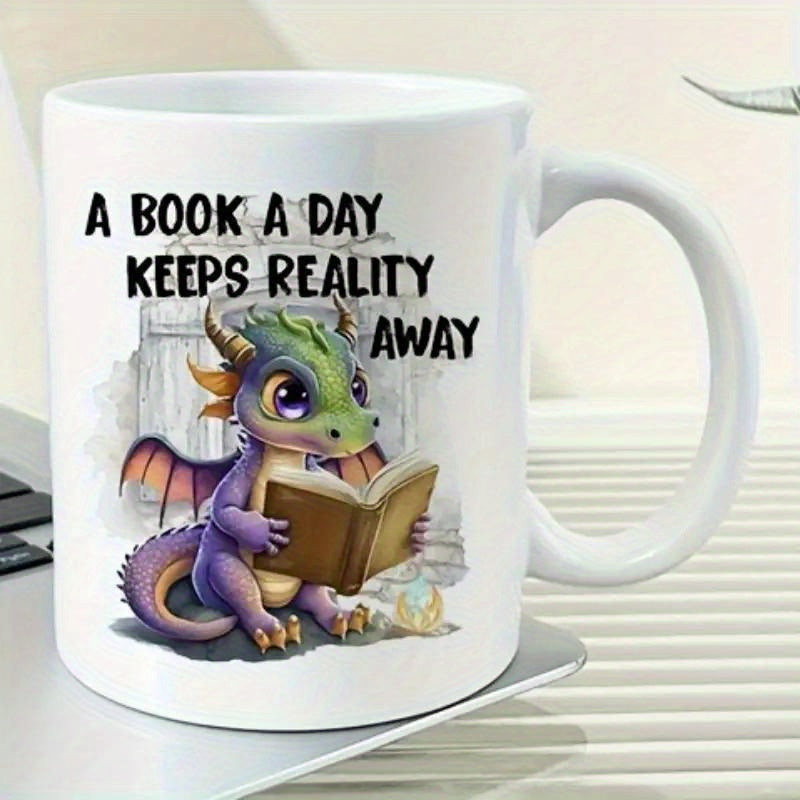 Tailorly White Ceramic 11 oz Mug - A Book A Day Keeps Reality Away Whimsical Little Purple Creature Enjoying A Book With Gentle Expressions Dragon