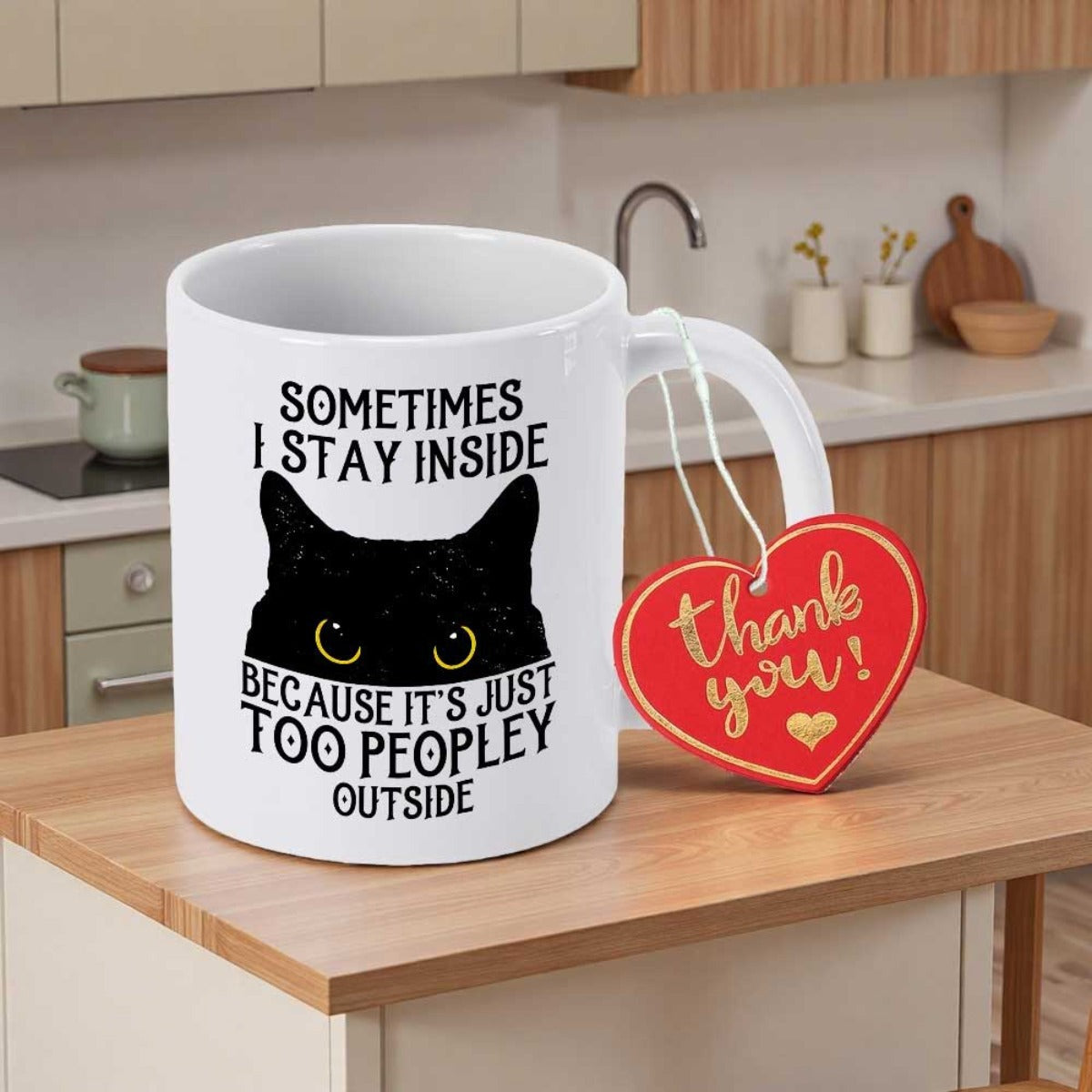 Tailorly White Ceramic 11 oz Mug - Sometimes I Stay Inside Because Its Just Too Peopley Outside Mysterious Peeking Black Cat With Glowing Yellow Eyes Cat
