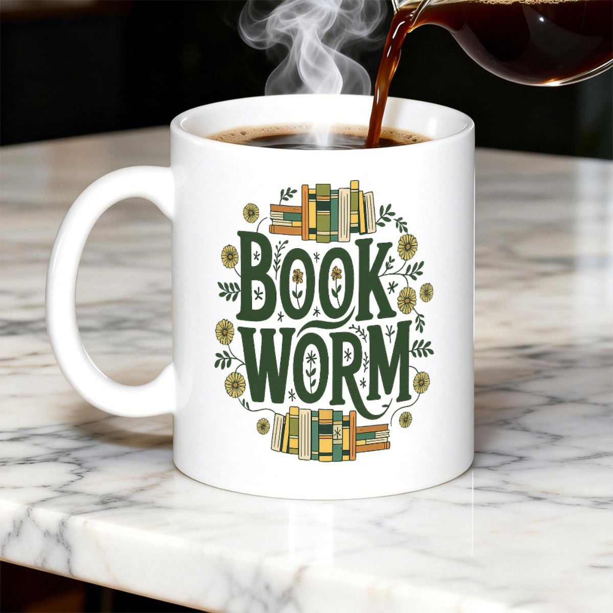 Tailorly White Ceramic 11 oz Mug - Book Worm Delicate Floral Wreath Surrounding Artistic Green Font And Stacks Of Books