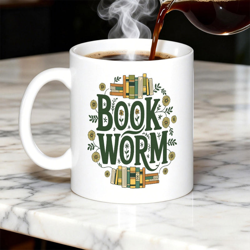 Tailorly White Ceramic 11 oz Mug - Book Worm Delicate Floral Wreath Surrounding Artistic Green Font And Stacks Of Books