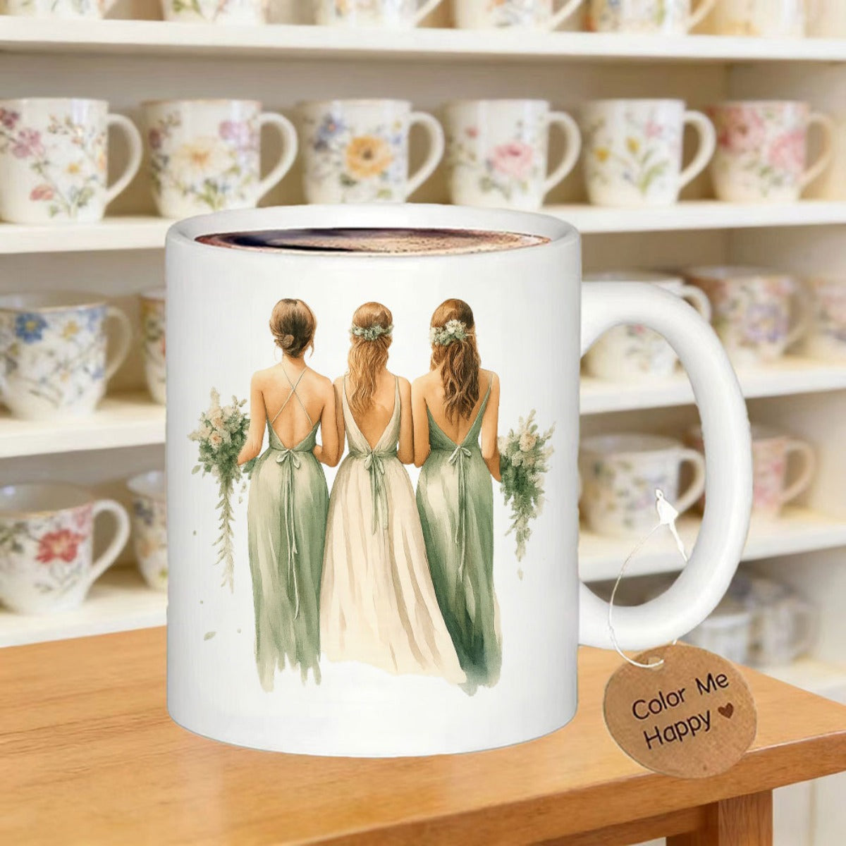 Tailorly White Ceramic 11 oz Mug - Color Me Happy Three Graceful Women In Elegant Dresses Holding Green Floral Bouquets Bridesmaids