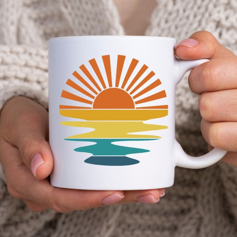 Tailorly White Ceramic 11 oz Mug - Vibrant Retro Stripes Reflecting Over Calm Water Under Radiant Orange Rays Sunset