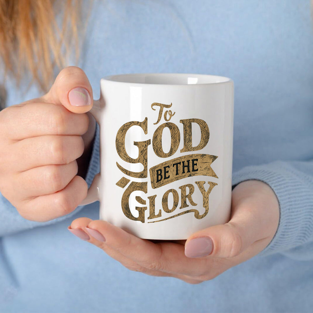 Tailorly White Ceramic 11 oz Mug - To God Be The Glory Vintage Distressed Lettering Styled With Elegant Curves And Ribbon Detail Mug
