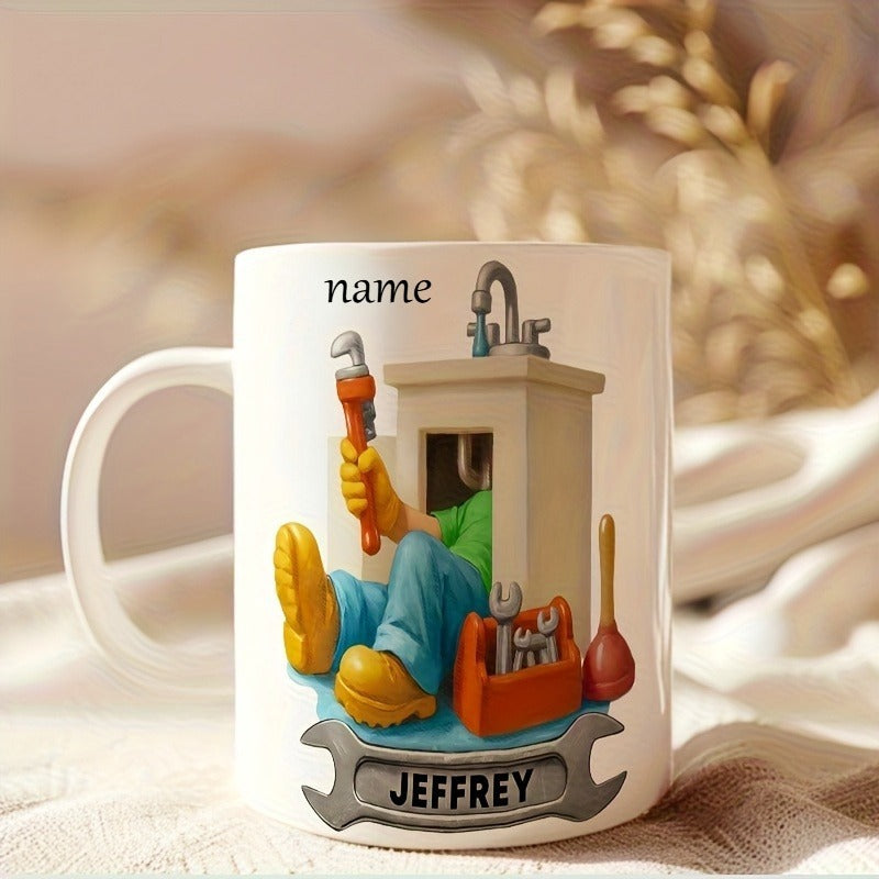 Tailorly White Ceramic 11 oz Mug - Name Jeffrey Cartoon Professional Worker Fixing Underneath Kitchen Sink With Tools Plumber