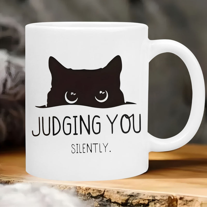 Tailorly White Ceramic 11 oz Mug - Judging You Silently Black Peeking Animal Silhouette Over Horizontal Line Cat
