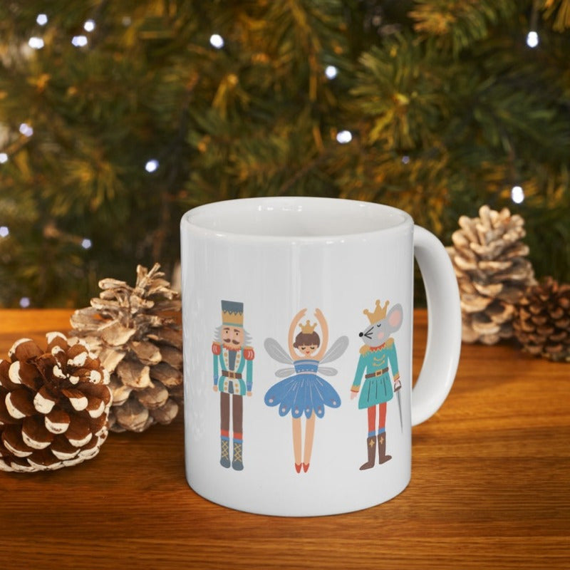 Tailorly White Ceramic 11 oz Mug - Whimsical Holiday Characters From The Nutcracker Ballet Standing Together Nutcracker