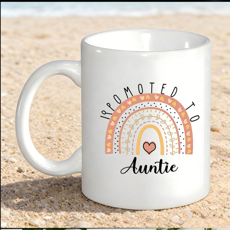 Tailorly White Ceramic 11 oz Mug - Promoted To Auntie Minimalist Earthy Tones Boho Style Rainbow With Small Heart Accents Rainbow