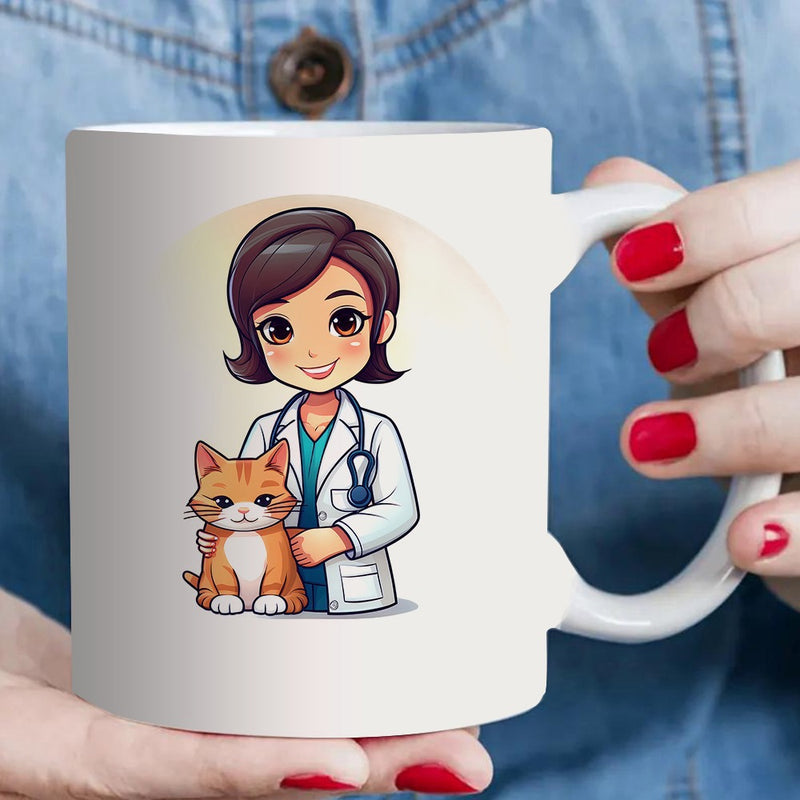 Tailorly White Ceramic 11 oz Mug - Smiling Female Cartoon Doctor Cuddling A Little Orange Tabby Cat Veterinarian