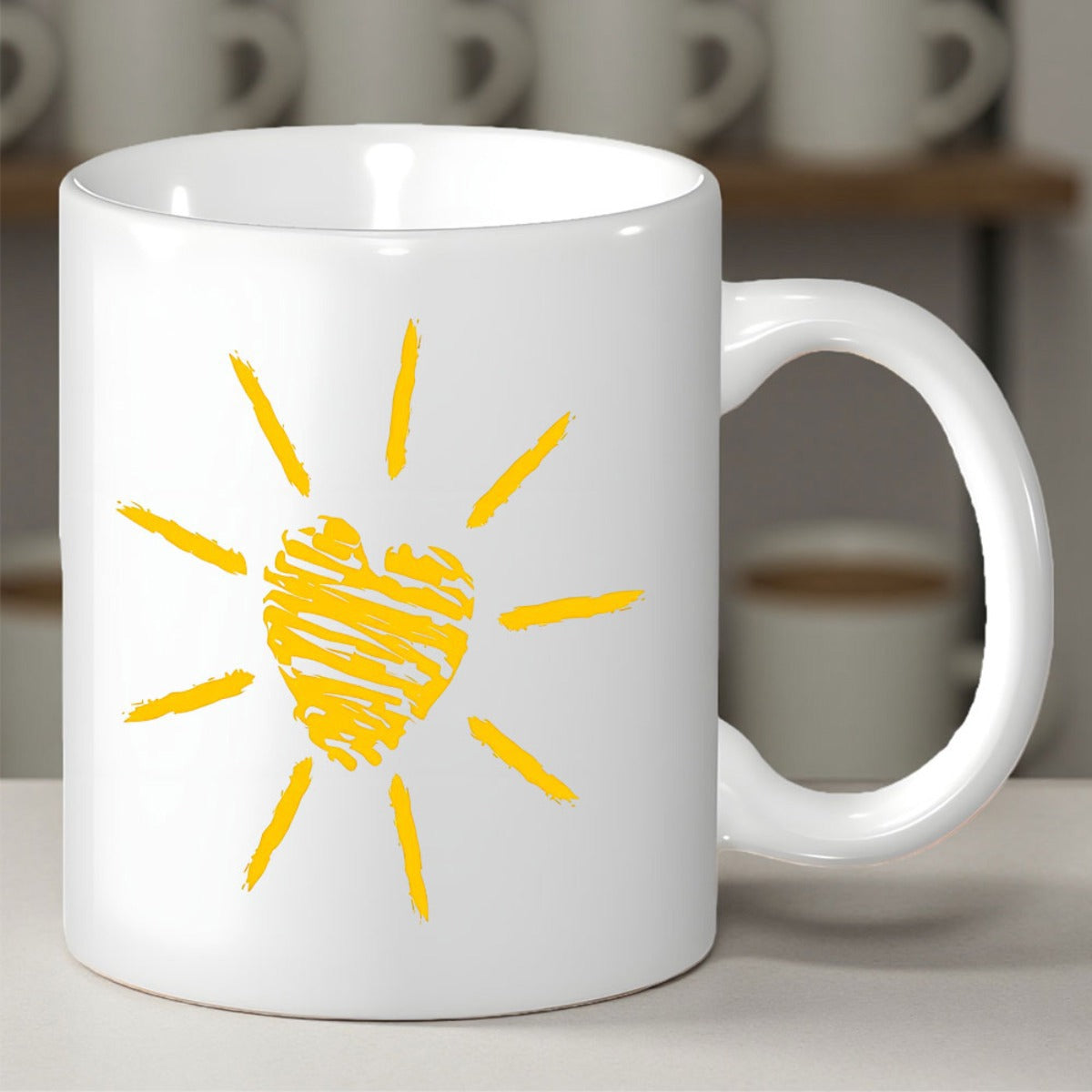 Tailorly White Ceramic 11 oz Mug - Bright Yellow Hand Drawn Heart Featuring Radiant Glowing Beaming Rays Of Sun