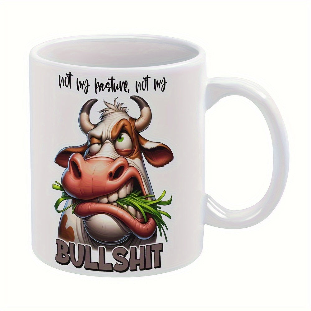 Tailorly White Ceramic 11 oz Mug - Not My Pasture Not My Bullshit Grumpy Cartoon Cow Chewing On A Piece Of Green Grass Cow
