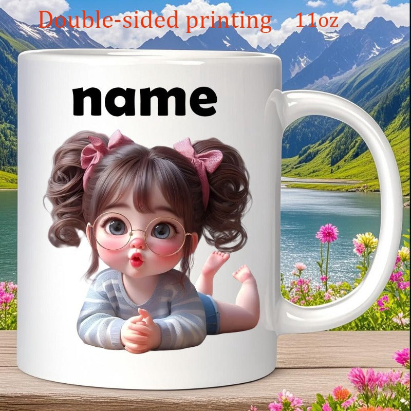Tailorly White Ceramic 11 oz Mug - Name Sweet Little Girl With Pigtails Wearing Pink Glasses Lying Girl