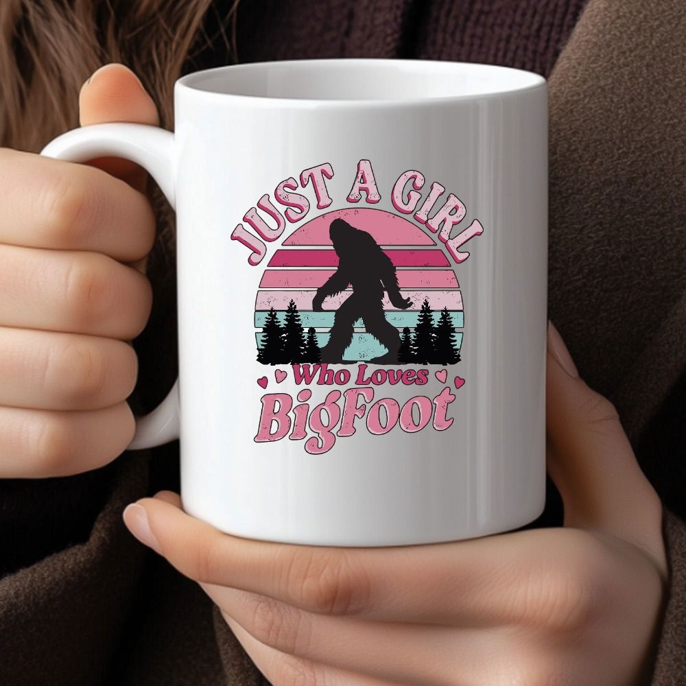 Tailorly White Ceramic 11 oz Mug - Just A Girl Who Loves Bigfoot Retro Sunset Stripes With Silhouette Walking Through Dark Pine Forest Bigfoot