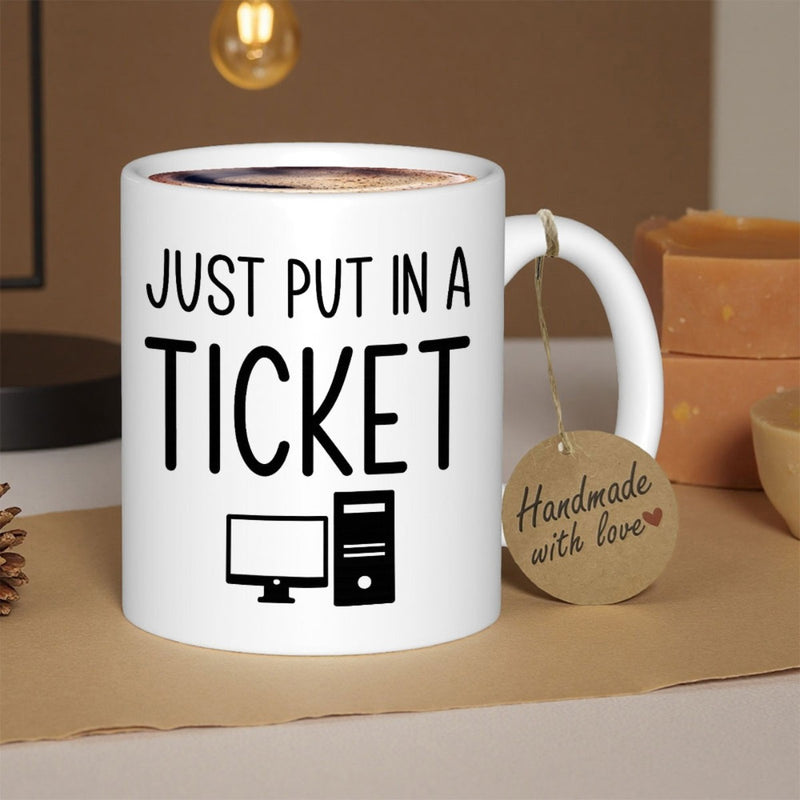 Tailorly White Ceramic 11 oz Mug - Just Put In A Ticket Minimalist Black Digital Icons Of Modern Computer Monitor And CPU Mug