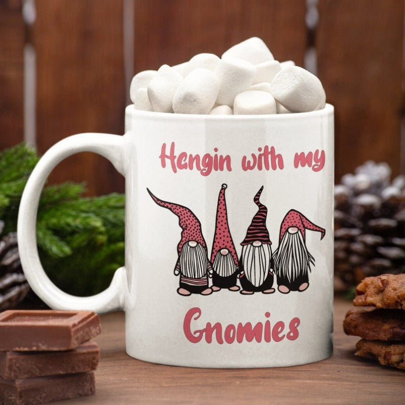 Tailorly White Ceramic 11 oz Mug - Hangin With My Gnomies Playful Bearded Characters Wearing Various Patterned Pink Pointy Hats Gnome