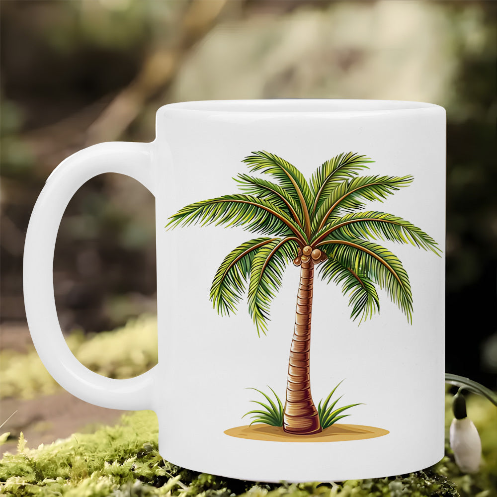 Tailorly White Ceramic 11 oz Mug - Lush Green Tropical Fronds Standing Tall On Sandy Ground Under Bright Sun Palm Tree