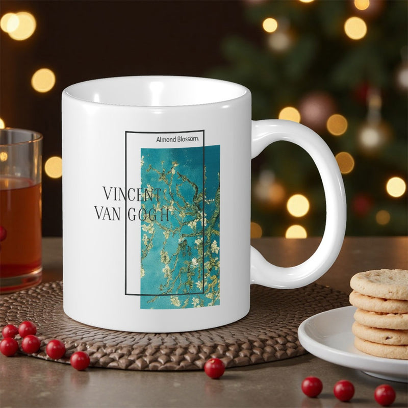 Tailorly White Ceramic 11 oz Mug - Vincent Van Gogh Almond Blossom Elegant Flowering Branches Within A Delicate Black Rectangular Frame Branch