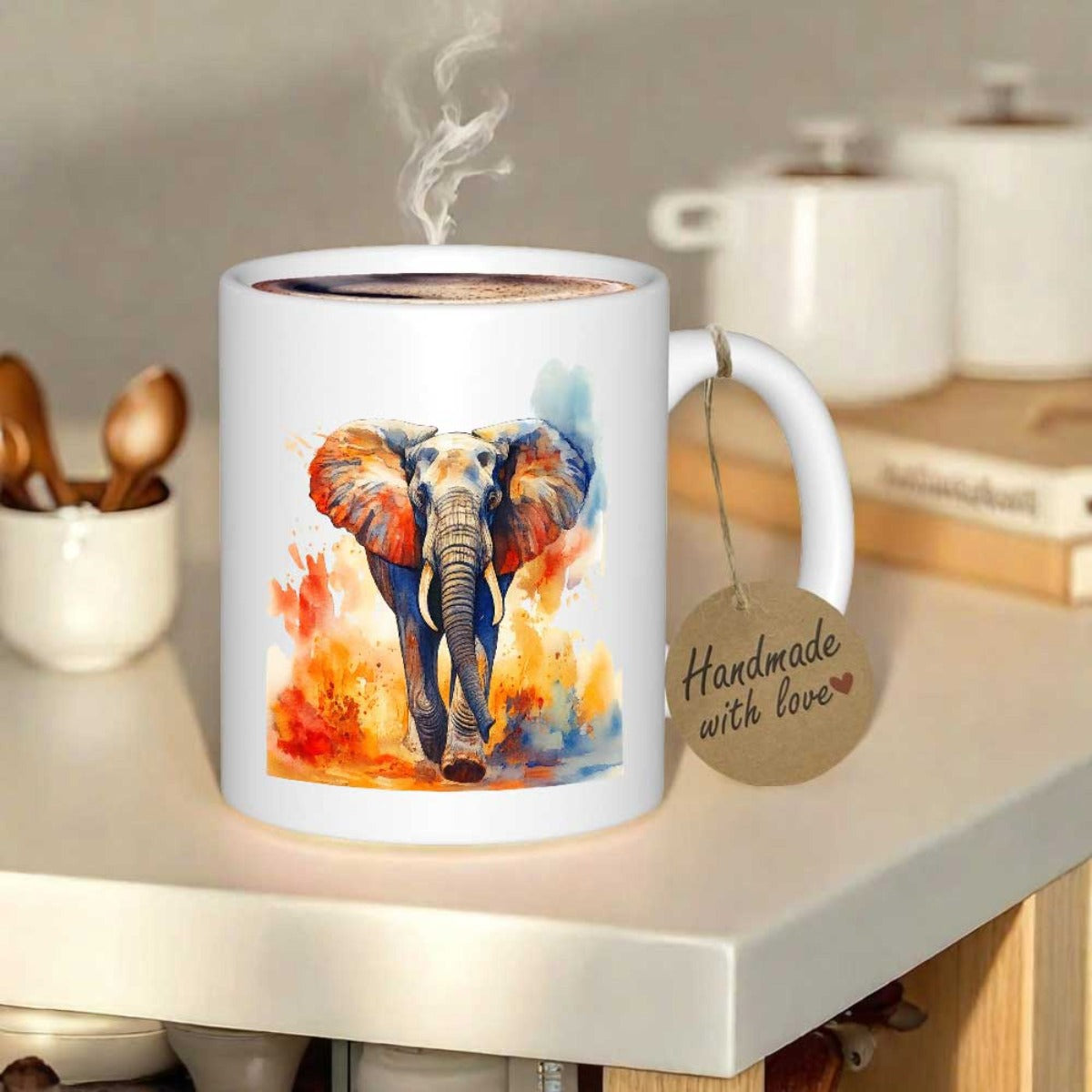 Tailorly White Ceramic 11 oz Mug - Handmade With Love Vibrant Watercolor Artistic Design Featuring Majestic African Wildlife On Ceramic Elephant