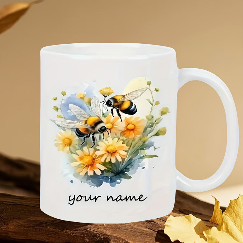 Tailorly White Ceramic 11 oz Mug - Your Name Vibrant Watercolor Artistic Honeybees Hovering Over Yellow Daisy Flowers Bee