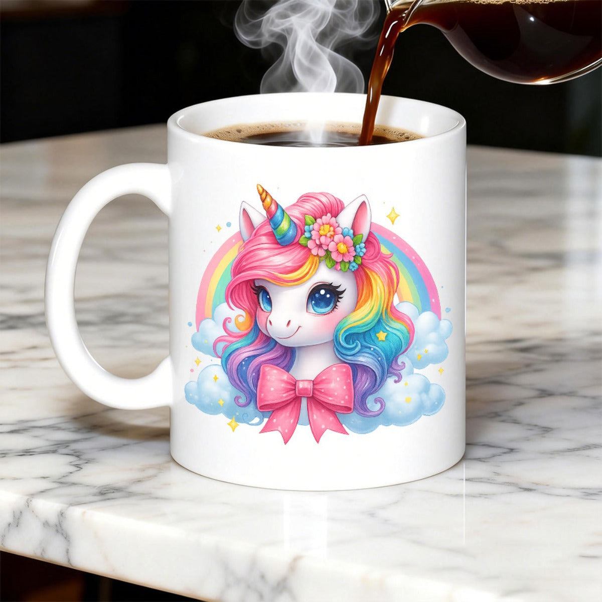 Tailorly White Ceramic 11 oz Mug - Adorable Magical Colorful Rainbow Mane With Floral Crown Among Fluffy Soft Clouds Unicorn