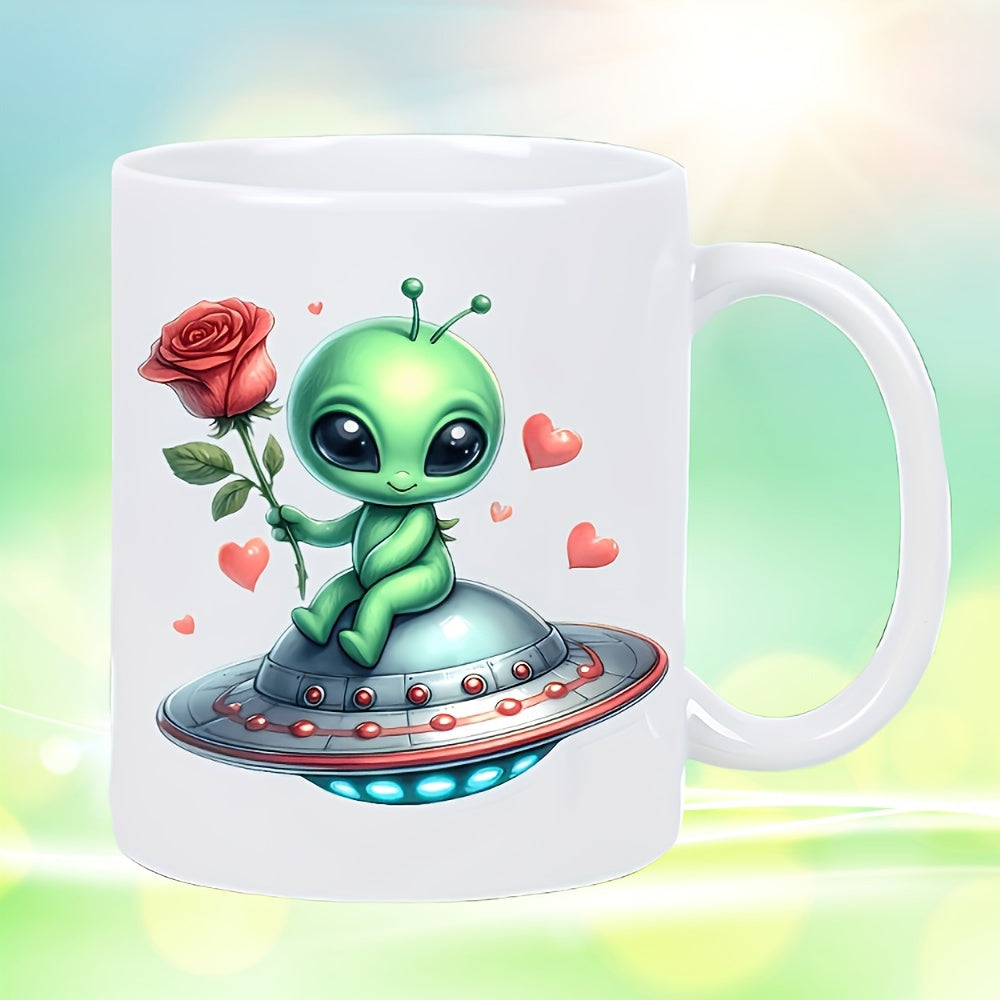 Tailorly White Ceramic 11 oz Mug - Cute Little Green Extraterrestrial Holding A Red Rose On Silver Flying Saucer Alien