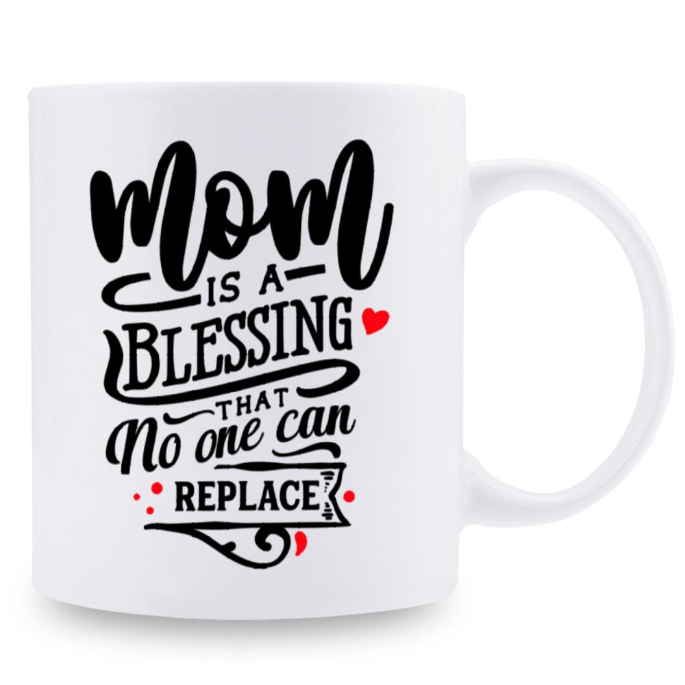 Tailorly White Ceramic 11 oz Mug - Mom Is A Blessing That No One Can Replace Artistic Typography Surrounded By Decorative Swirls And Small Red Heart Mug