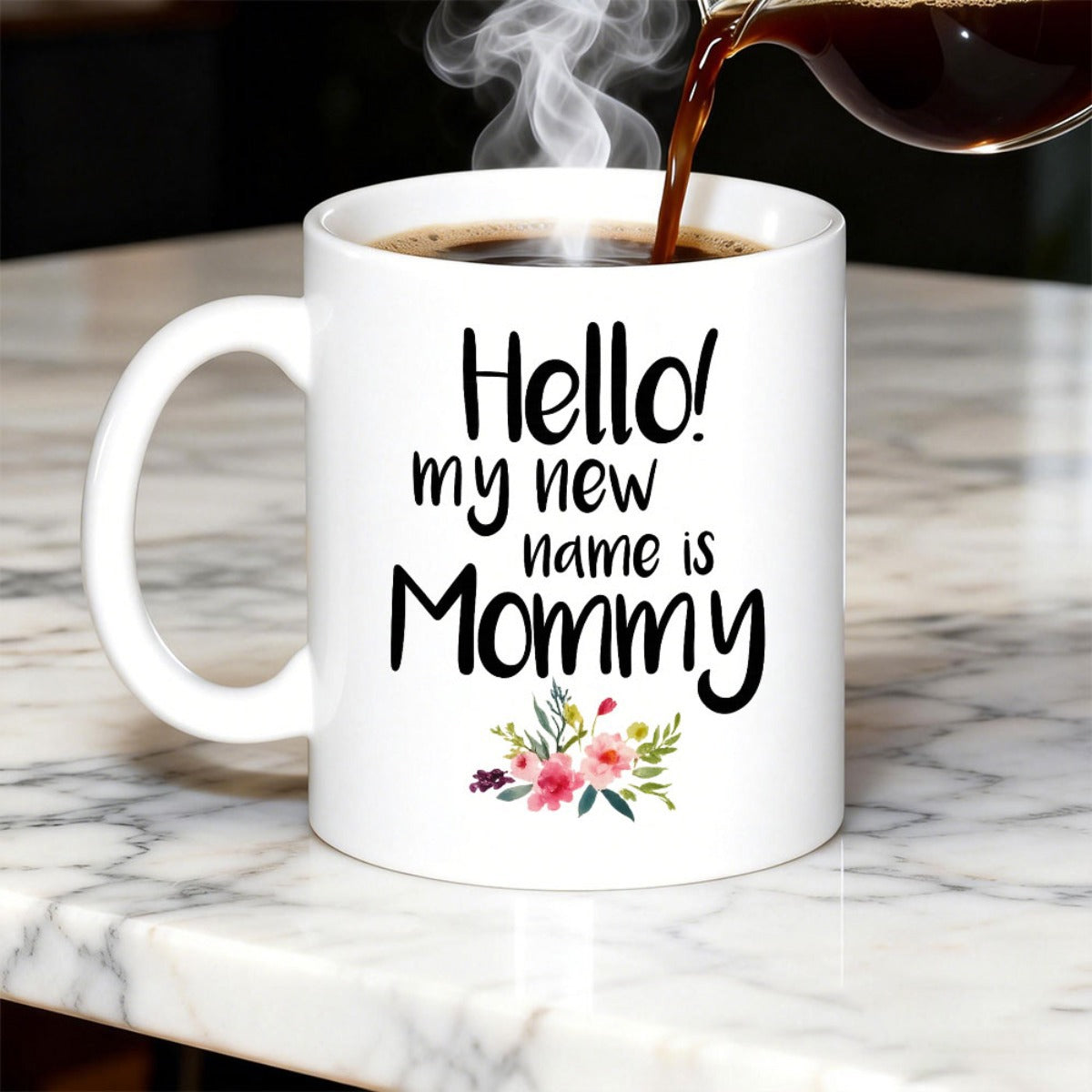 Tailorly White Ceramic 11 oz Mug - Hello My New Name Is Mommy Minimalist Pure With Artistic Floral Details Mug